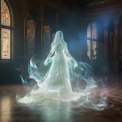 AI generated illustration of a house with a ghostly hologram, creating an eerie atmosphere