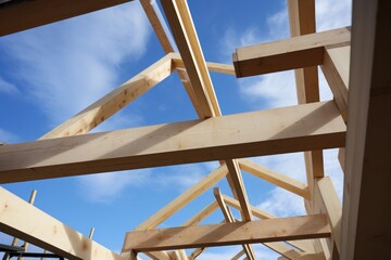 Detail of wooden house frame. Wooden frame of house without ceilings - decisions with structural sturdiness integral to construction. Craftsmanship and sturdiness into construction.