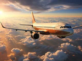 Commercial airplane jetliner in beautiful sunset light, flying above dramatic clouds.