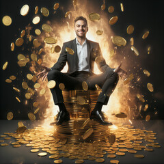 Successful wealthy man millionaire sitting on a pile of gold cash lottery winner