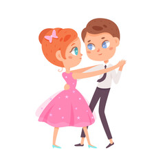 Children dance. Happy boy and girl perform classic pair dance. Little music fans. Cute colorful cartoon kids vector illustration isolated on white background. Happiness, gladness and fun