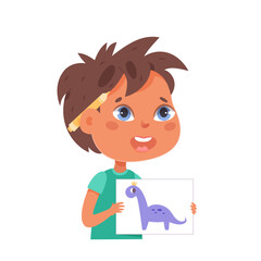 Cute boy with pencil shows picture of dinosaur painting by him at school or home. Young child painter. Children art. Creative kids. Learning, education, playing concept. Cartoon vector illustration