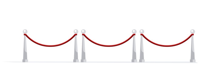 Museum fence with red rope and silver poles vector illustration isolated on white background. Luxury vip entrance, protect zone, security control