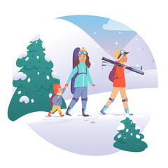 Family skiers set vector illustration. Cartoon portraits collection of father, mother and son on winter vacation in ski resort, young adults and children going to slope to ride skis and snowboards