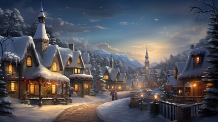 A snow-covered village with twinkling holiday lights - obrazy, fototapety, plakaty