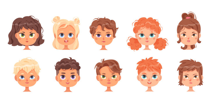Profile avatars with boy and girl faces set vector illustration. Cartoon isolated happy smile little characters with different eyes, hairstyle and hair colors, cute portraits of happy smiling kids