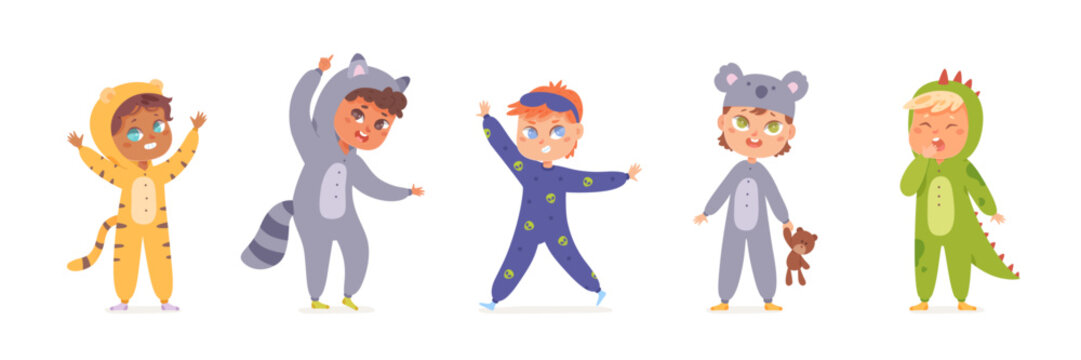Funny kids party in pajamas kigurumi vector illustration set. Cartoon isolated girls and boys in carnival overalls for sleepover, collection of young characters dancing, holding toys and pillow