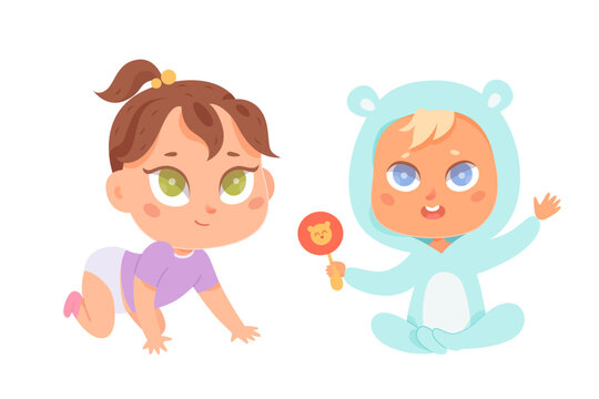 Cute cartoon children baby vector illustration. Little blond sitting boy with rattle and dark haired crawling girl in diaper. Adorable small friends. Concept of happy and healthy childhood