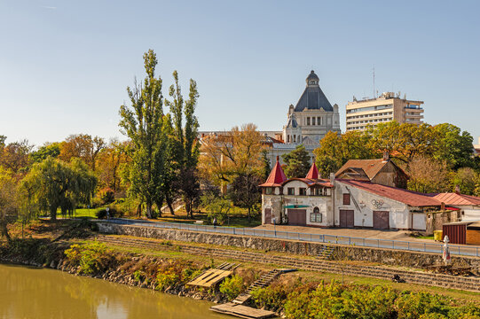 Cultural Palace dome and caiac-canoe club, on the Mureș River bank, Arad, Romania