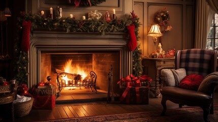 A cozy living room with a roaring fireplace and stockings hung by the chimney - obrazy, fototapety, plakaty