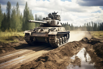An armored tank drives along a dusty road in the middle of a field. Military conflict
