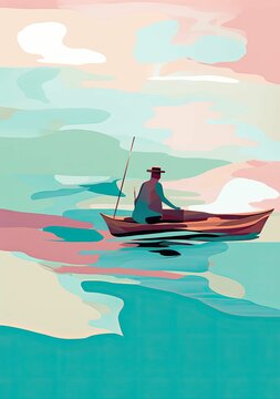AI generated illustration of a vibrant painting of a male in a vessel in an open ocean