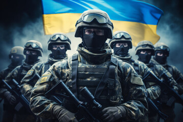 Ukrainian soldiers standing against the background of the Ukrainian flag facing the camera, the theme of the war and conflict in Ukraine with russia.generative ai
 - obrazy, fototapety, plakaty