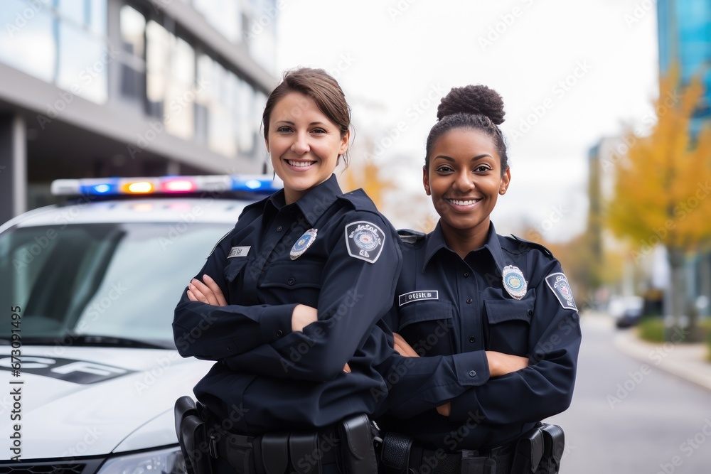 Wall mural African American police officer and white police officer stand together. Black cop with white cop posing. African American with European colleague pose against police car before shift.