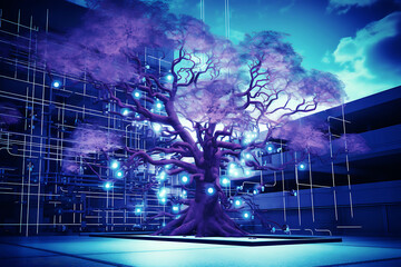 Digital tree with glowing connection lines in branches. Technology environment. Internet communication and information storage concept