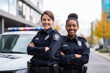 African American police officer and white police officer stand together. Black cop with white cop posing. African American with European colleague pose against police car before shift.