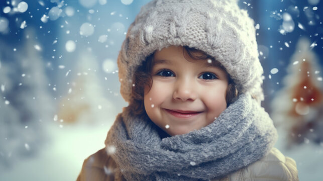 Snowflake Bliss: Joyful Child in Cozy Winter Attire Amidst a Snowy Holiday Wonderland.