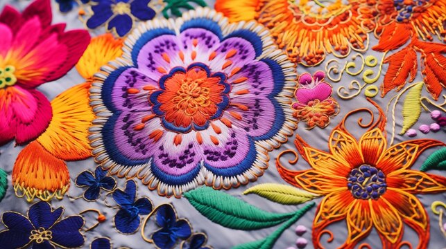 Detailed shot of intricate embroidery on a fabric surface with vibrant colors and detail