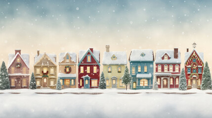 Vintage Holiday Row: Charming Christmas Houses Set in a Cozy Winter Scene for New Year.