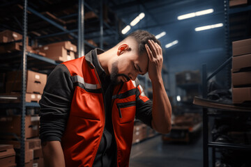 Portrait of a depressed or tired man working in a warehouse wearing an orange vest against the background of shelves and cardboard boxes on the hall.generative ai
