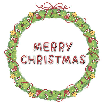 Hand drawn cute christmas wreath with ribbon and condy cane