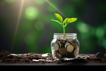 Green plant save moneys concept, young plant growing from soil