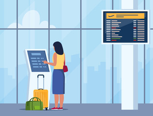 Woman self check in at automatic machine in airport terminal. Buying ticket using interactive terminal. Airport interior with panoramic windows, departure board, flight schedule. Vector illustration.