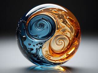 Yin and yang symbol in the form of a blue and gold precious ball on the background