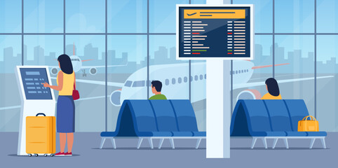 People in airport arrival waiting room or departure lounge with chairs and information panel. Woman self check in at automatic machine or buying ticket using interactive terminal. Vector illustration. - obrazy, fototapety, plakaty
