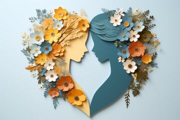 Paper cut style illustration of face and flowers for womens day or mothers day with copy space