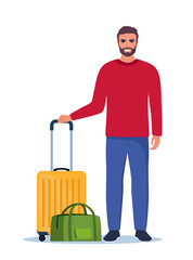 Happy man stands with luggage, ready for travel or commute. Suitcase and travel bag. Concept of adventure, journey, relocation. Vector Illustration.