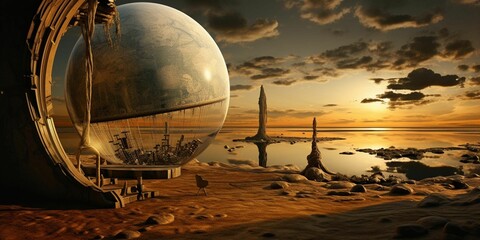 AI generated illustration of a round sphere in a barren landscape at golden sunset