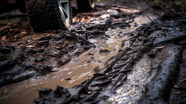 Rough, textured tire treads on a muddy and rugged off-road trail, showcasing durability