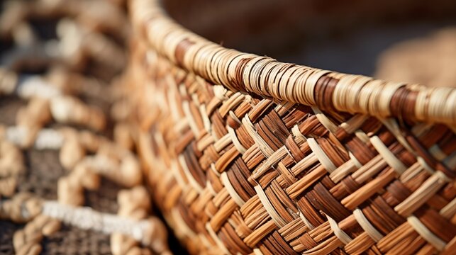 A close-up of woven straw basket with intricate natural patterns and handwoven details