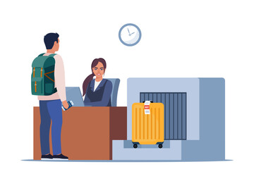 Passenger at international airport check in desk counter gate with weighting luggage belt, security check point, metal detector, x-ray scanner. Passenger and baggage check-in. Vector illustration. - obrazy, fototapety, plakaty