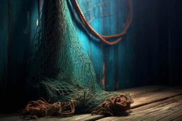 Beautiful background with hanging old fishing net on beautiful background.generative ai
 - obrazy, fototapety, plakaty