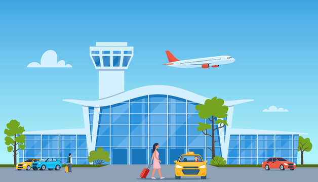 Airport terminal building, yellow taxi car, plane taking off in the background. Passenger with suitcase goes to the taxi. Travelling by plane concept. Vector illustration.