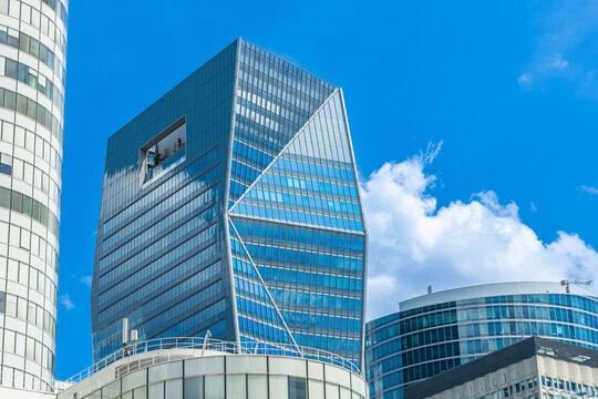 Top of the Tour Cape Diem tower, the Thales headquarters building in La Defense business district in Paris France