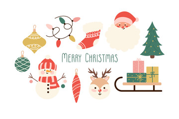 Christmas card with cute Christmas elements. Santa Claus, Christmas tree, gifts, reindeer, snowman