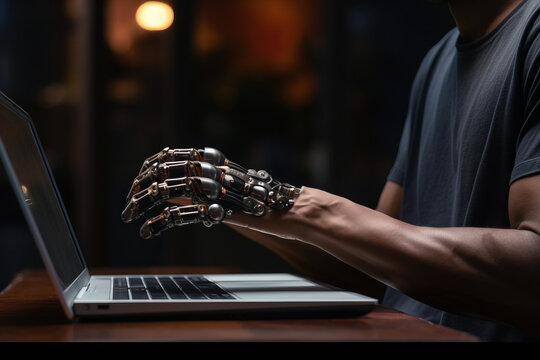 Cyborg hand in human skin or man with prosthetic hand uses laptop, close up view.generative ai
