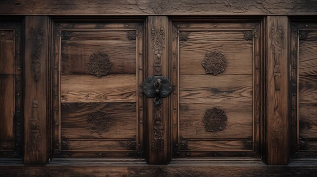 Detailed shot of intricate wood grain on an old wooden door with history