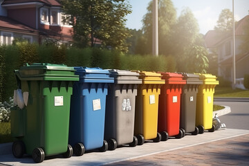 Various garbage containers standing on the street. Theme of sorting waste.generative ai
