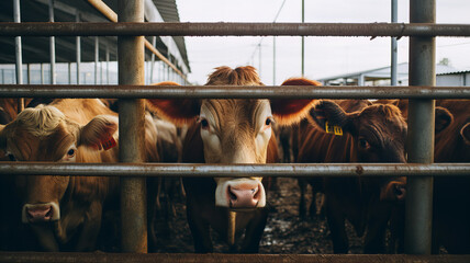 Cows in a pen on an organic livestock farm" separated by commas. Generative AI