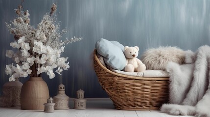 AI generated illustration of a woven basket with a plush teddy bear against a gray wall - obrazy, fototapety, plakaty