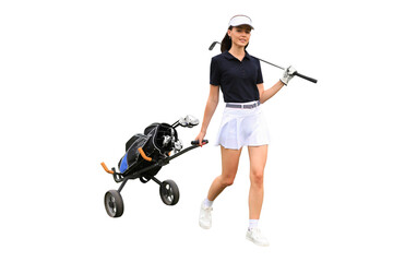 Woman in stylish summer golf outfit walking with bag of drivers on a transparent background