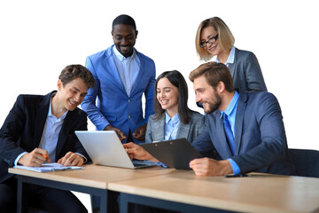 startup business team on meeting working on laptop and tablet computer on a transparent background