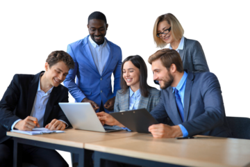 startup business team on meeting working on laptop and tablet computer on a transparent background