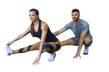 Portrait of a muscular couple doing leg stretchings on a transparent background