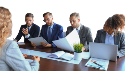 Job interview with the employer, businessman listen to candidate answers on a transparent background