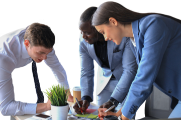 Business adviser analyzing financial figures denoting the progress in the work of the company on a transparent background